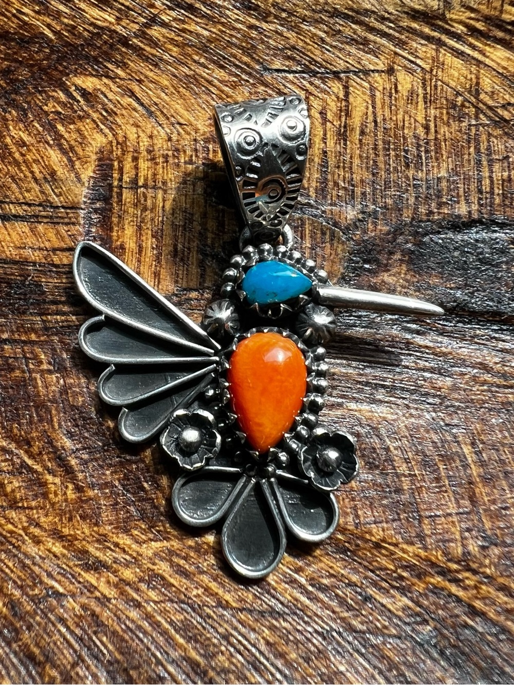 Sterling Silver Kingman Turquoise Spiny Oyster Hummingbird Pendant